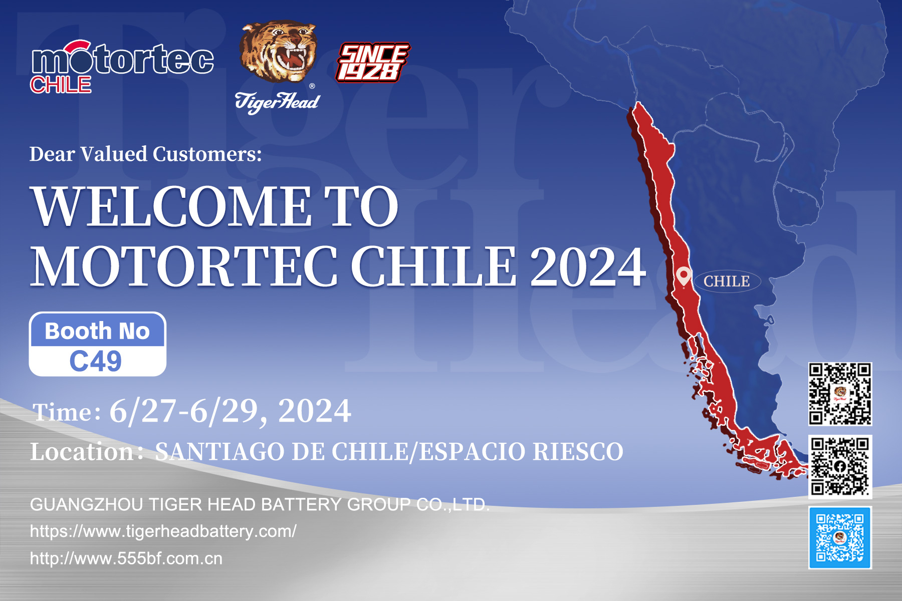 Convite da exposição Tiger Head Battery na Motortec Chile 2024