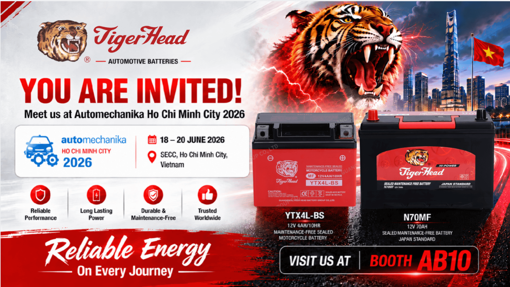 O Tiger Head Battery Group apresenta soluções de energia automotiva na Automechanika Ho Chi Minh City 2026.